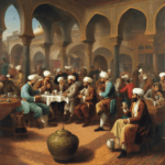 A vibrant painting depicting a bustling Ottoman coffeehouse: patrons in rich attire engaged in lively discussions, musicians playing in the background, and the aroma of coffee filling the air