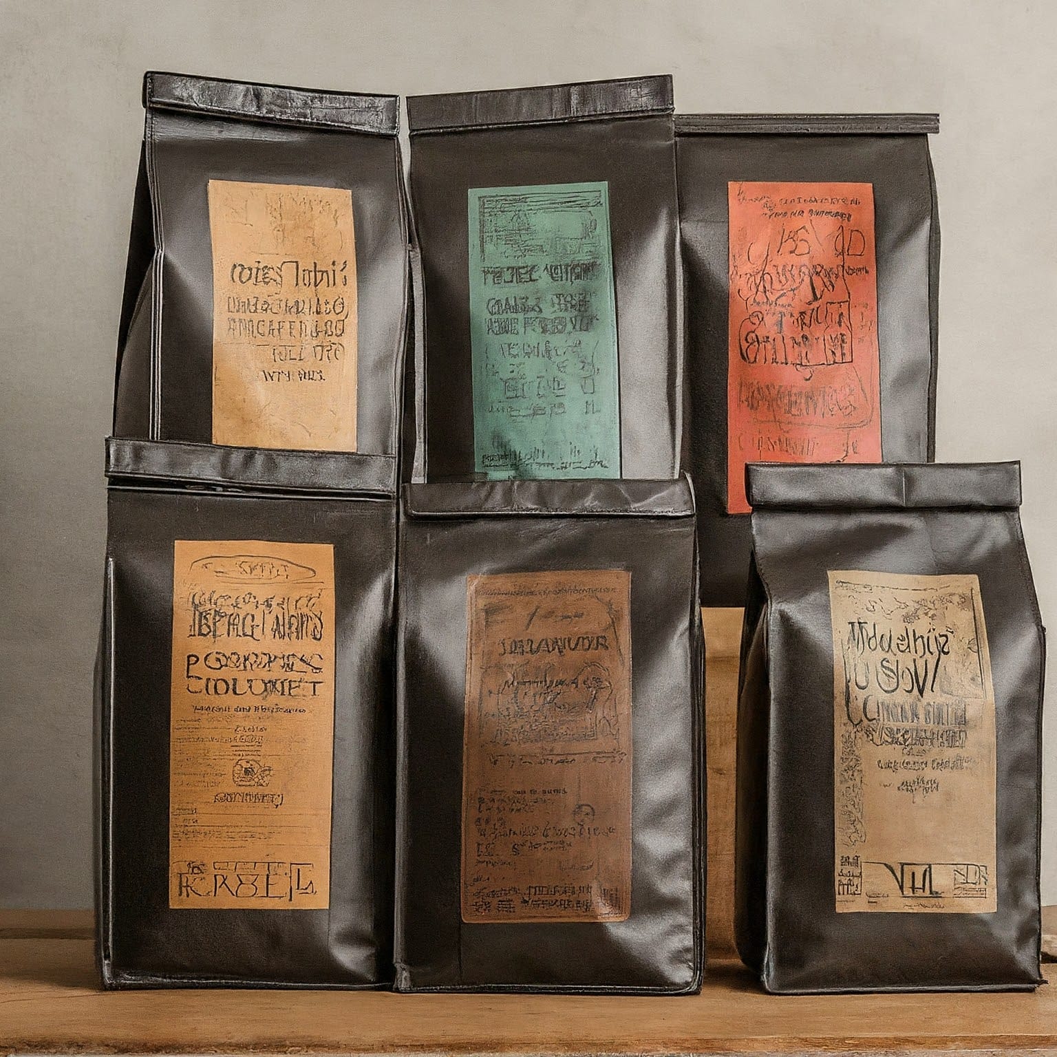 A photo of several coffee bags with different origins and varieties prominently displayed